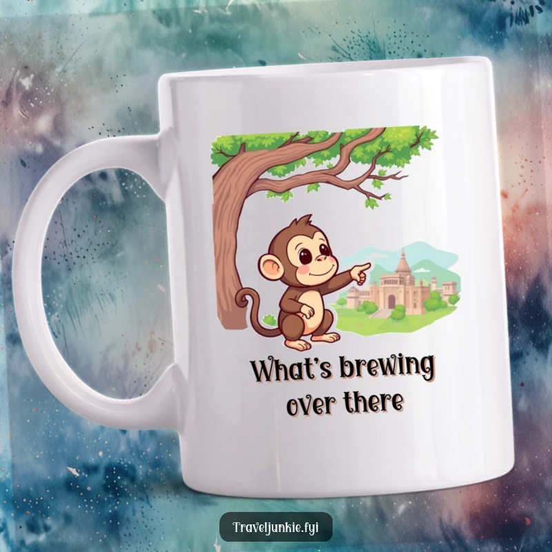 Funny Monkey Mug: A curious monkey points towards a faraway landmark, inviting exploration.
