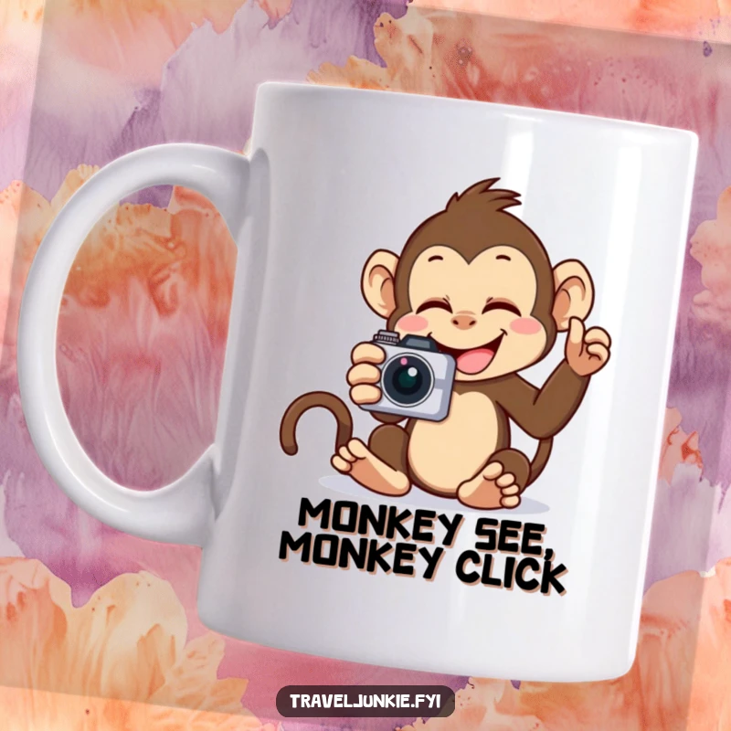 Funny Monkey Selfie Mug: A giggling monkey joyfully takes a selfie with its camera, radiating fun and silliness.
