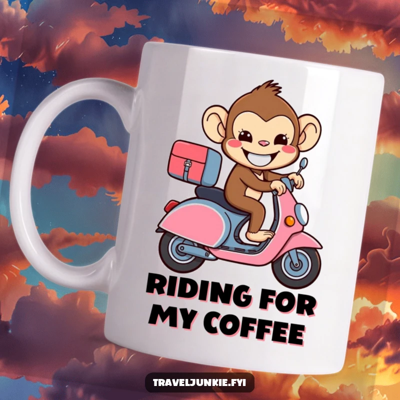 Funny beaming monkey riding a suitcase like a scooter, humorous graphic on a coffee mug for travelers.
