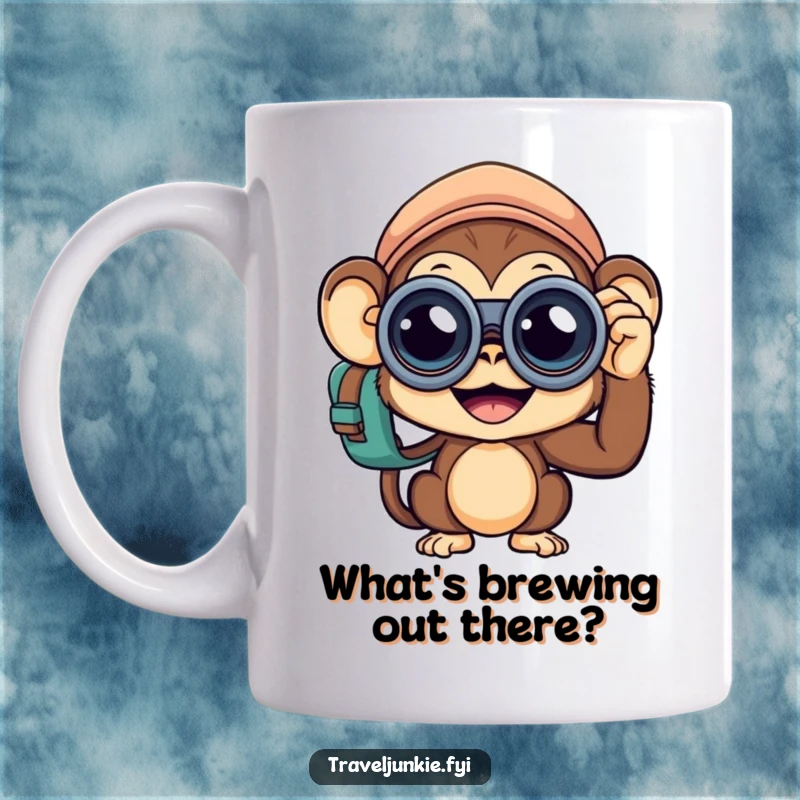 Funny Monkey Traveler Mug: Curious primate peering through binoculars, embodying an adventurous and inquisitive spirit, ideal for gift-givers.