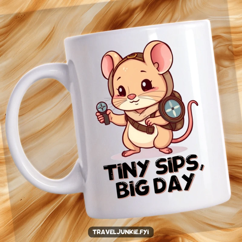 Funny Mug: A tiny mouse wanderer carefully navigates using a compass, embodying small adventures.