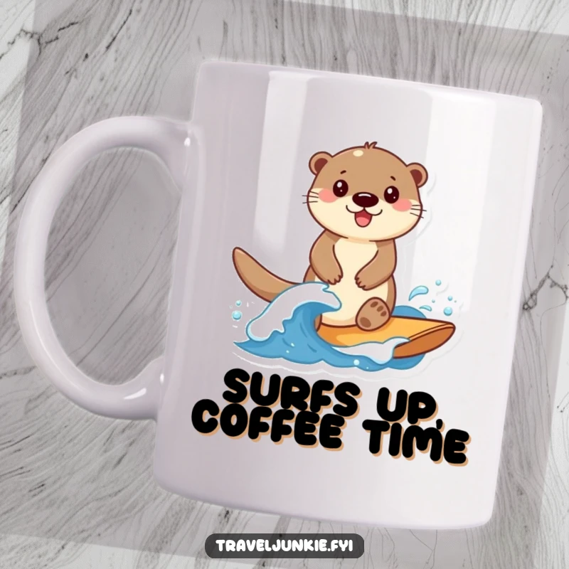 Funny Otter Mug: A smiling otter character playfully surfs on a small wave, embodying joy and freedom.