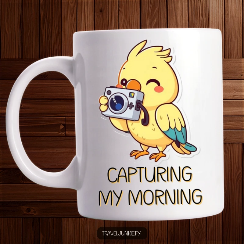 Funny mug with a cheerful parrot character holding a tiny camera and taking a photo, embodying joy and creativity.