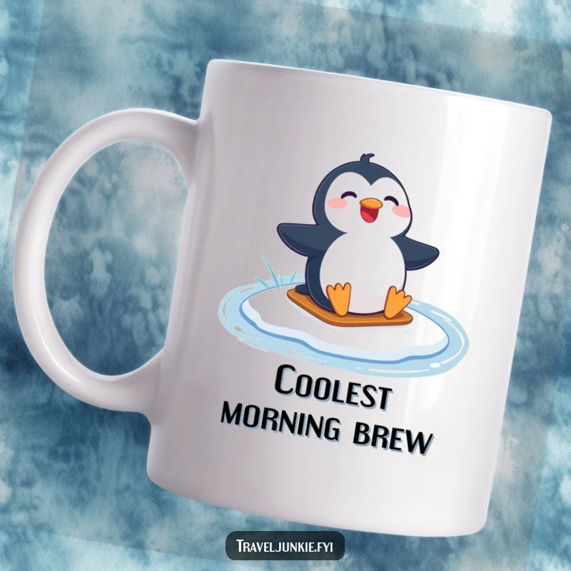 Funny mug featuring a joyful penguin character happily sliding across a frozen lake with a big smile.