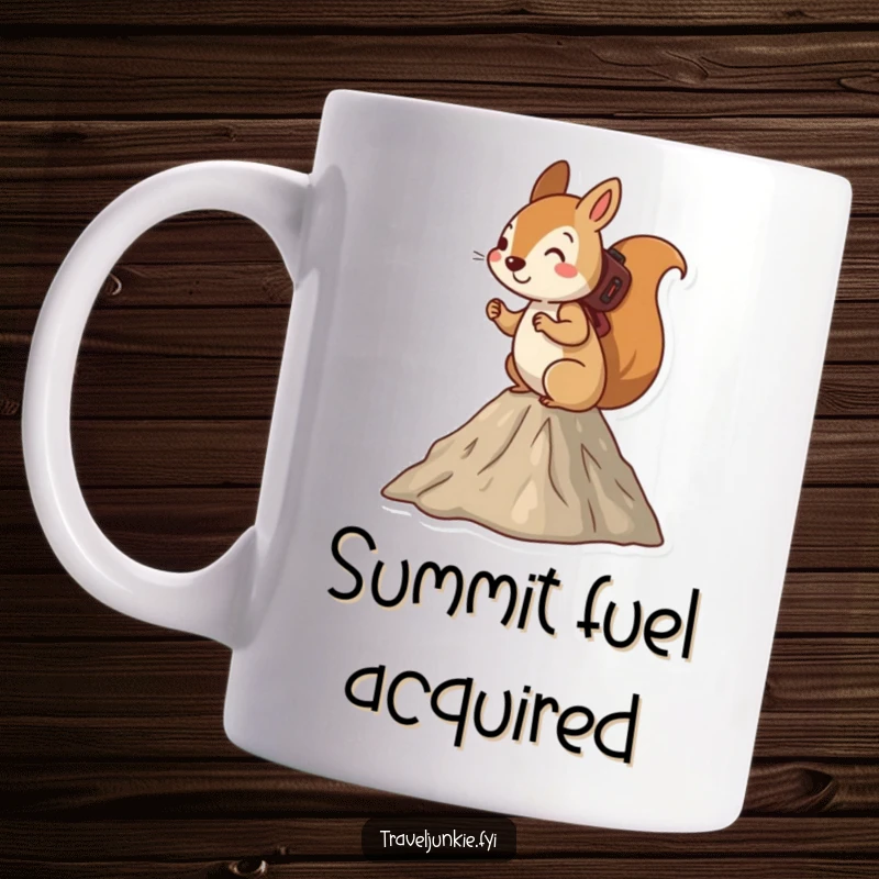 Funny squirrel mug, happily hiking up a small mountain, radiating adventurous spirit and determination. A perfect gift.