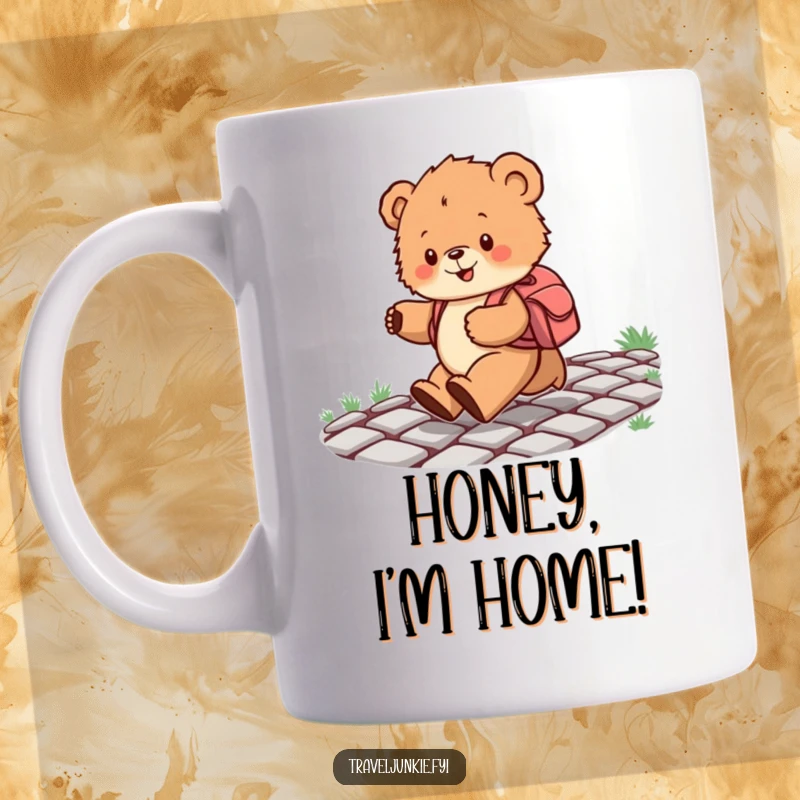 Funny mug featuring a fluffy bear cub with a backpack skipping joyfully on a cobblestone path, evoking happiness and adventure.