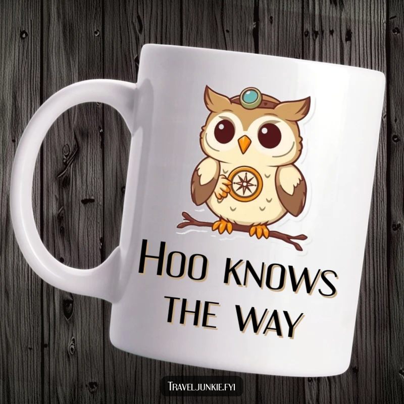 Funny Owl Navigator Mug: A determined owl uses a compass to find its way, symbolizing focus and adventure, a great funny item.