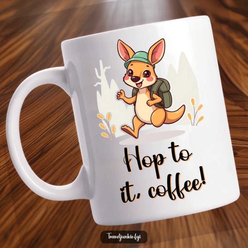 Funny Mug: A cheerful kangaroo explorer hops energetically with a backpack, ready for a funny journey.