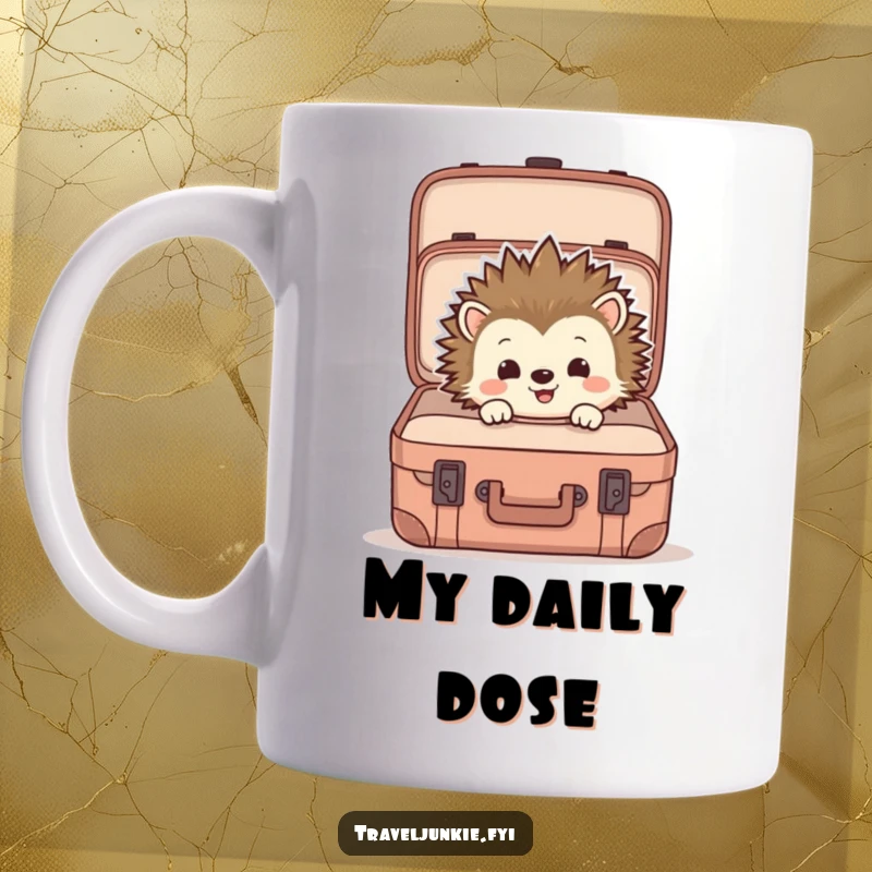 Funny mug shows a curious hedgehog peeking into an open suitcase, evoking a sense of wonder and travel excitement.