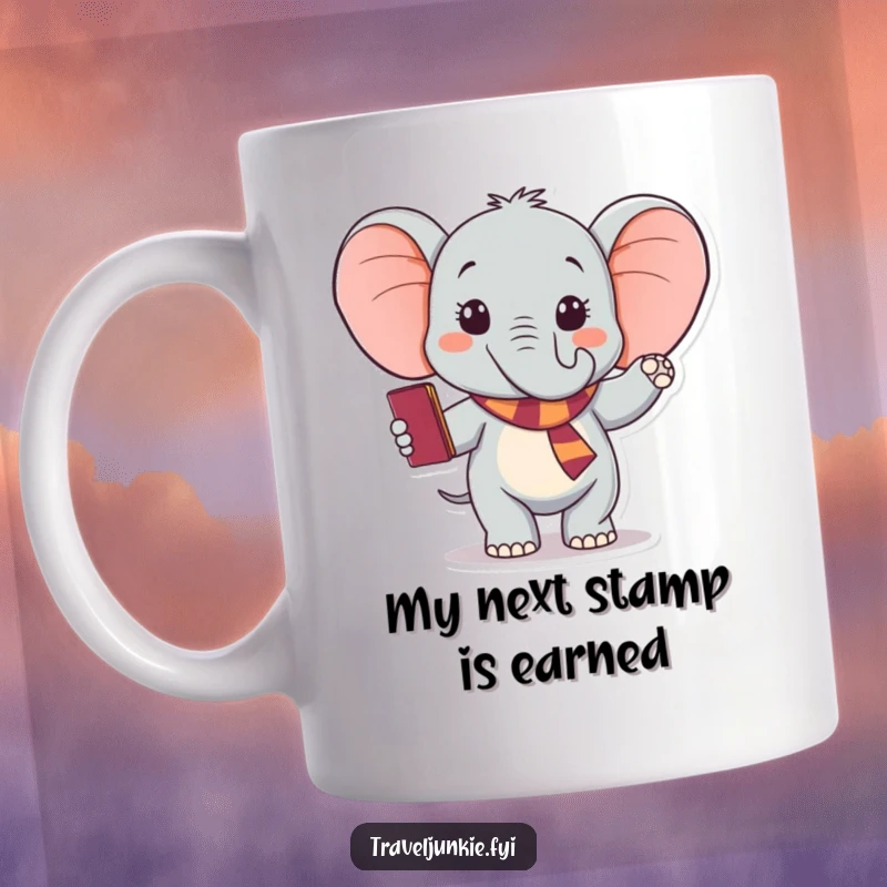 Funny elephant mug with passport waving goodbye, symbolizing excited travel and a humorous start to any journey, perfect for gift-givers.