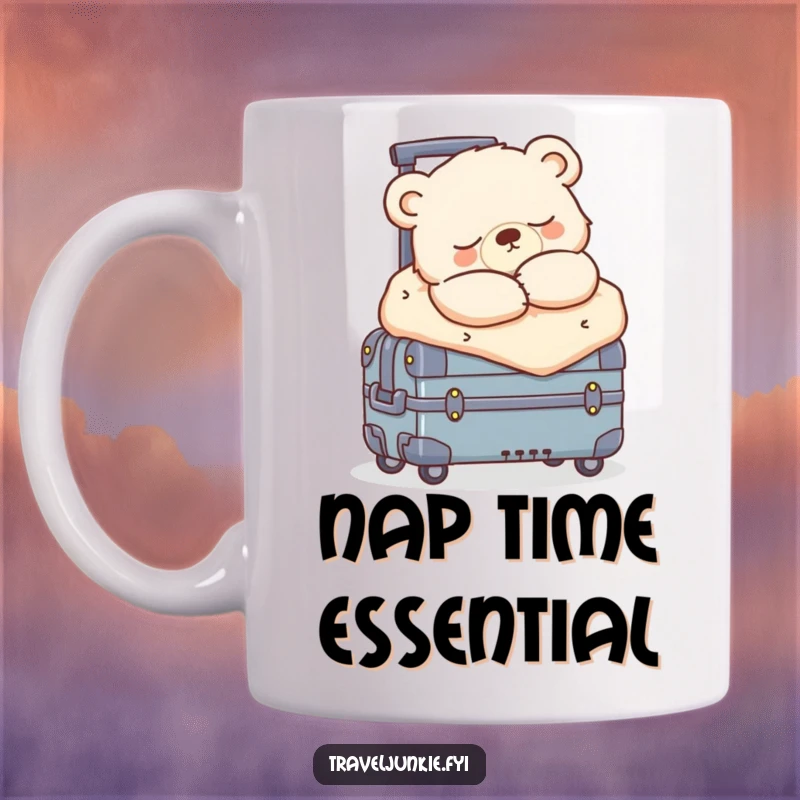 Funny sleepy bear cub bundled up, snoozing peacefully on a rolling suitcase, a cozy and cute mug.