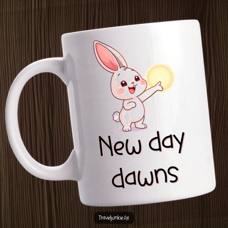 Funny mug shows a smiling bunny excitedly pointing at a distant, shimmering horizon, evoking hope, dreams, and adventure.
