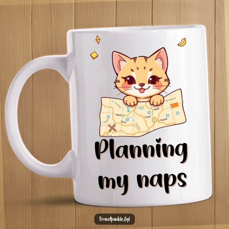 Funny cat mug featuring a mischievous character peeking playfully from a stylized travel map, symbolizing curiosity and wanderlust.