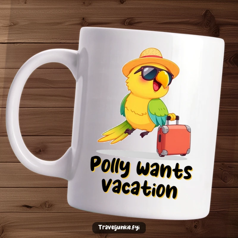 Funny mug: a happy parrot wearing a straw hat and sunglasses zooms with a suitcase, exuding excited vacation humor.