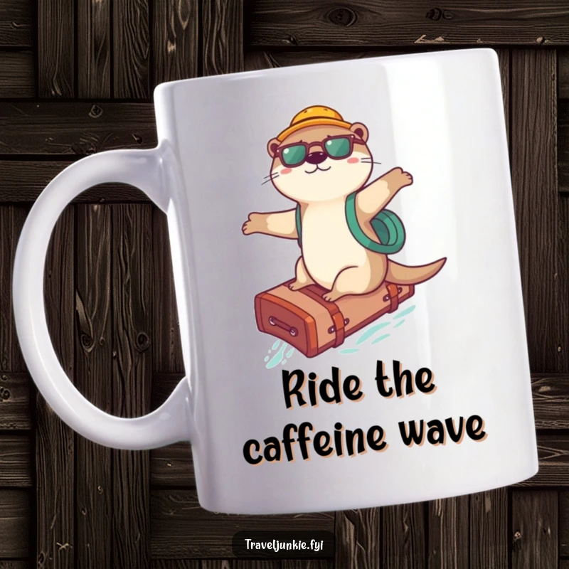 Funny Otter Surfer Mug: A playful otter expertly surfing on a suitcase, conveying fun and travel, ideal for a funny gift.
