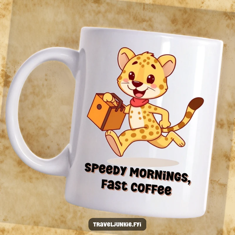 Funny cheetah mug, happy character sprinting with a travel bag, perfect humorous gift for fast travelers.