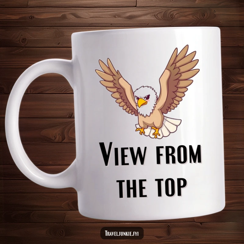 Funny Mug: A majestic eagle soars high, looking down with a powerful and humorous perspective.