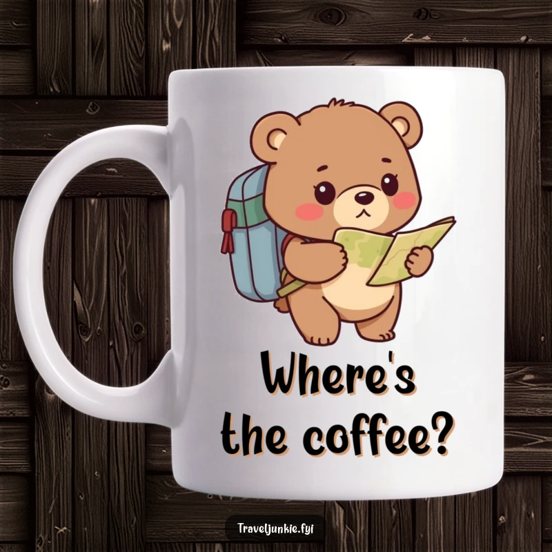 Funny bear mug showing a determined character wearing a backpack, studying a map, embodying the spirit of exploration and a humorous quest.