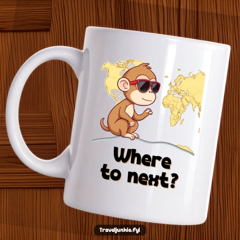 Funny monkey wearing sunglasses, looking curiously at a world map, perfect funny gift mug for explorers.
