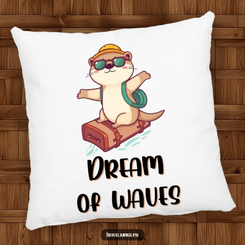 Funny Otter Surfer Pillow: A soft pillow with a playful otter surfing on a suitcase, great for a funny gift.