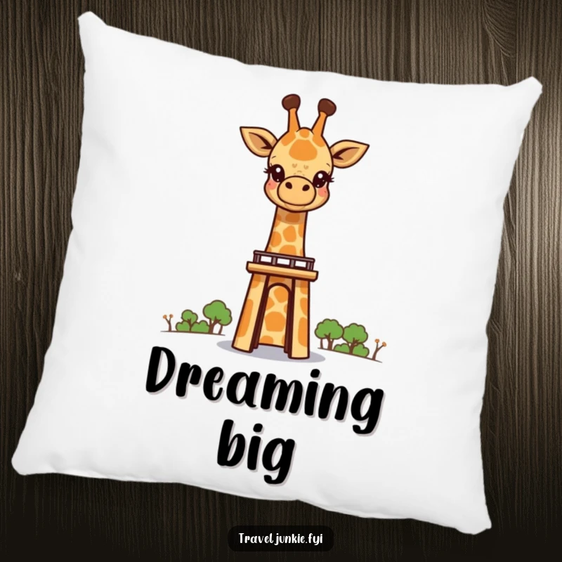 Funny, curious giraffe character peeking over a tall landmark, printed on a soft pillow, ideal for adding wonder to a room.