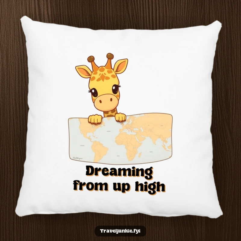 Funny Giraffe Map Explorer Pillow: A plush pillow featuring a happy giraffe peeking over a map, offering comfort and whimsy.