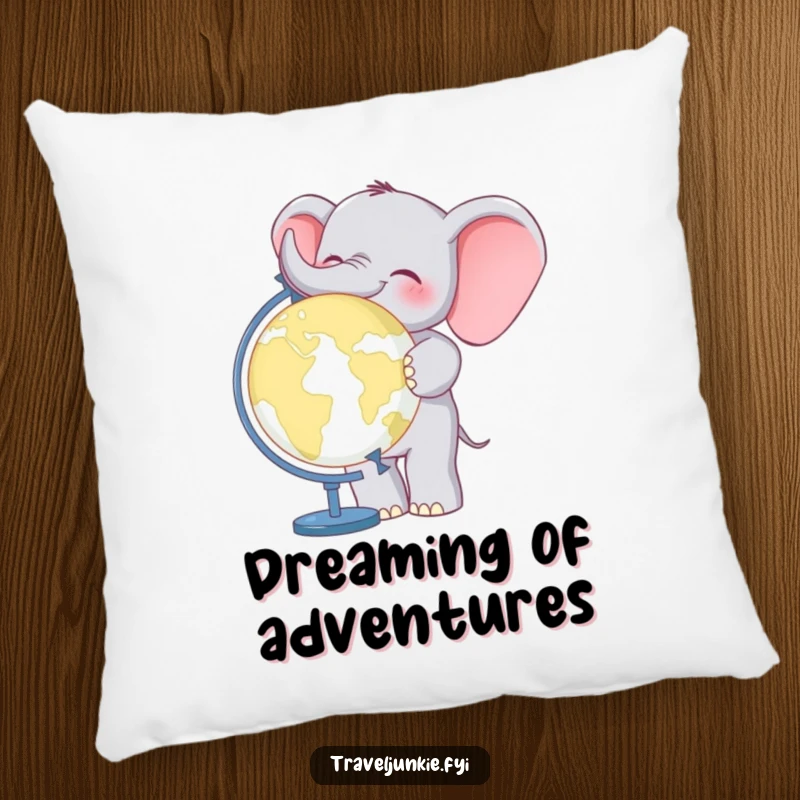 Funny Elephant World Traveler Pillow: A plush pillow featuring a cheerful elephant and a globe, offering comfort and a sense of adventure.
