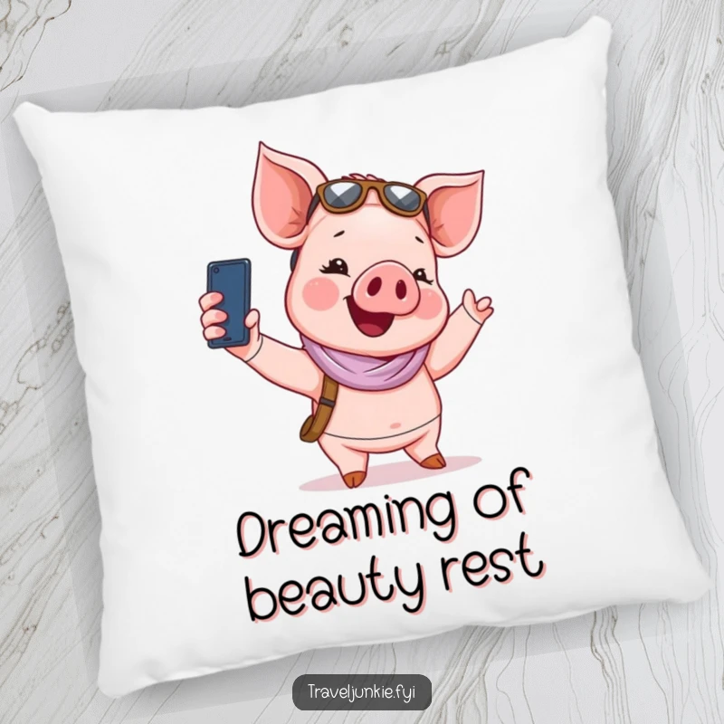 Funny Pillow: A giggling piglet tourist takes a selfie, offering funny comfort and memories.