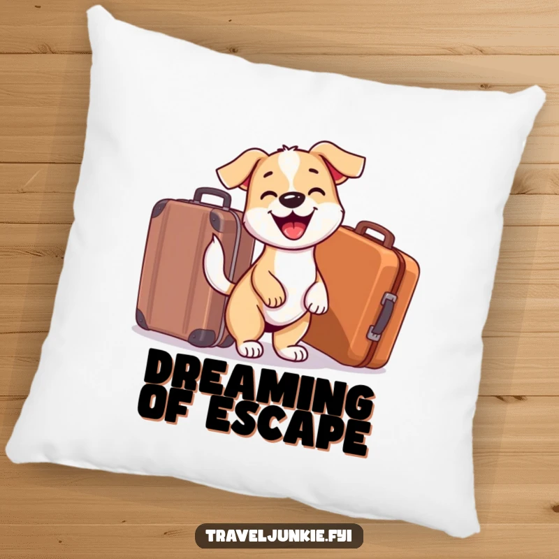 Funny Dog Pillow: Adorable dog near a suitcase, ready for vacation, bringing a sense of fun and comfort to any room.