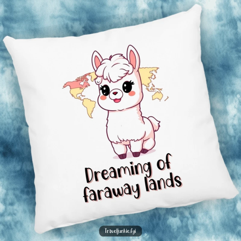 Funny Alpaca Pillow: A delighted alpaca character sits near a world map, perfect for adding wanderlust to decor.