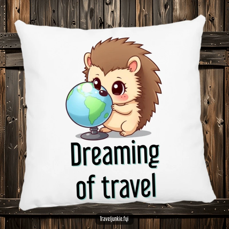 Funny hedgehog pillow featuring a curious character with wide eyes, examining a globe, offering comfort with a humorous sense of wonder.