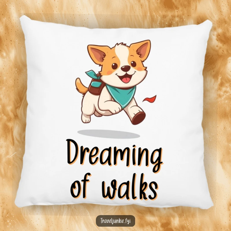 Funny energetic dog running with bandana and backpack, soft and cuddly pillow, perfect humorous gift.