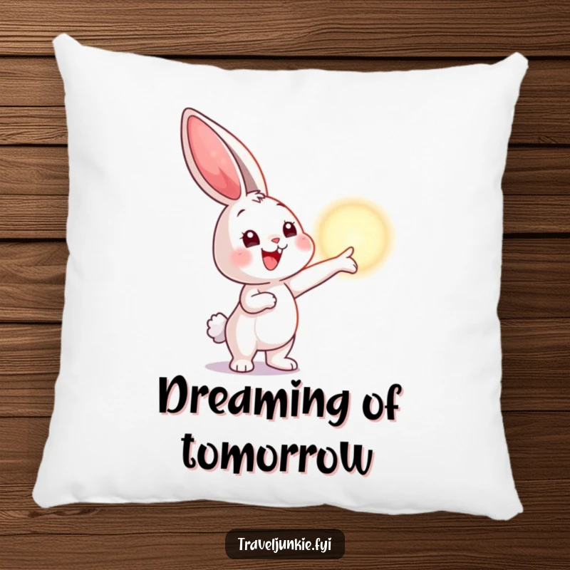 Funny pillow showing a smiling bunny pointing at a horizon, providing comfort and a touch of inspirational humor.
