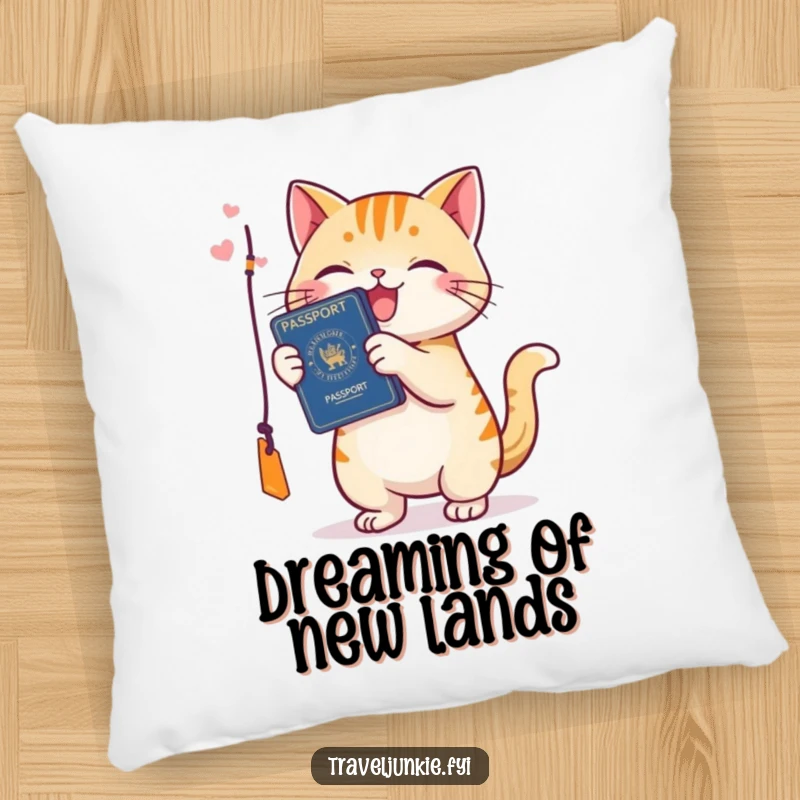 Funny cat pillow, a happy cat playfully batting at a passport tag, offering cozy comfort and travel-themed cheer.