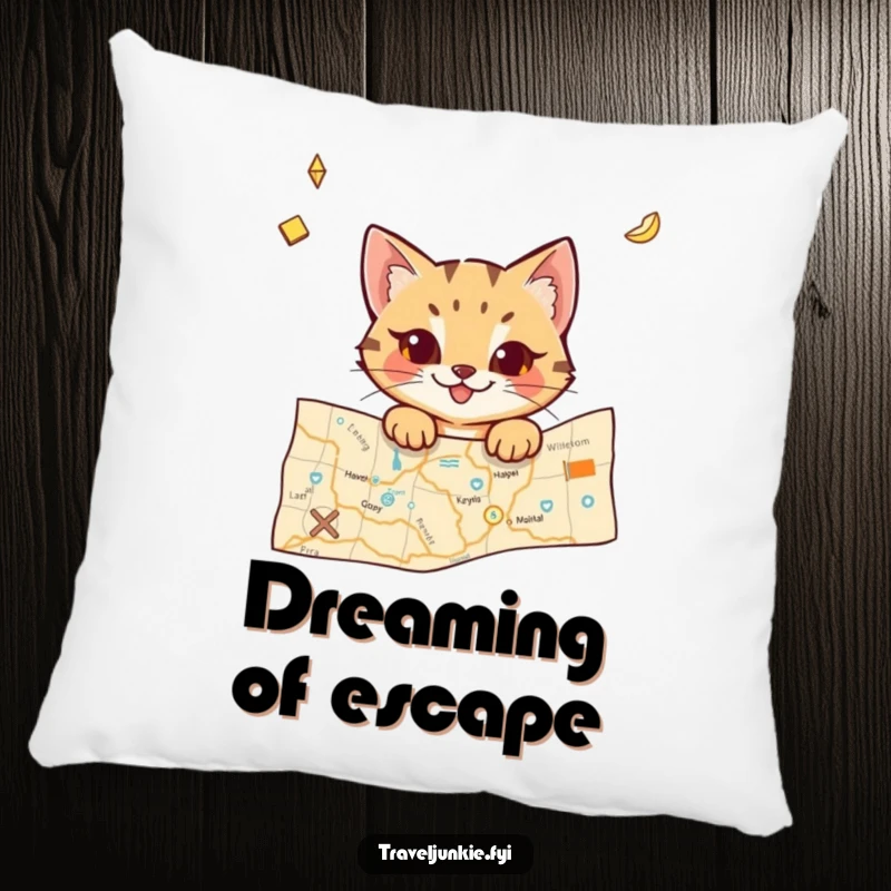 Funny cat pillow featuring a mischievous character peeking from a travel map, offering comfort and a humorous travel theme.