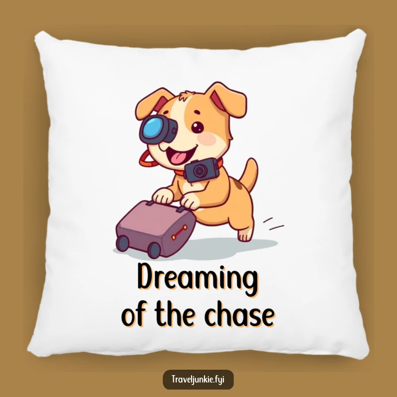 Funny Dog Camera Pillow: Playful Suitcase Chase Accent for Cozy Spaces