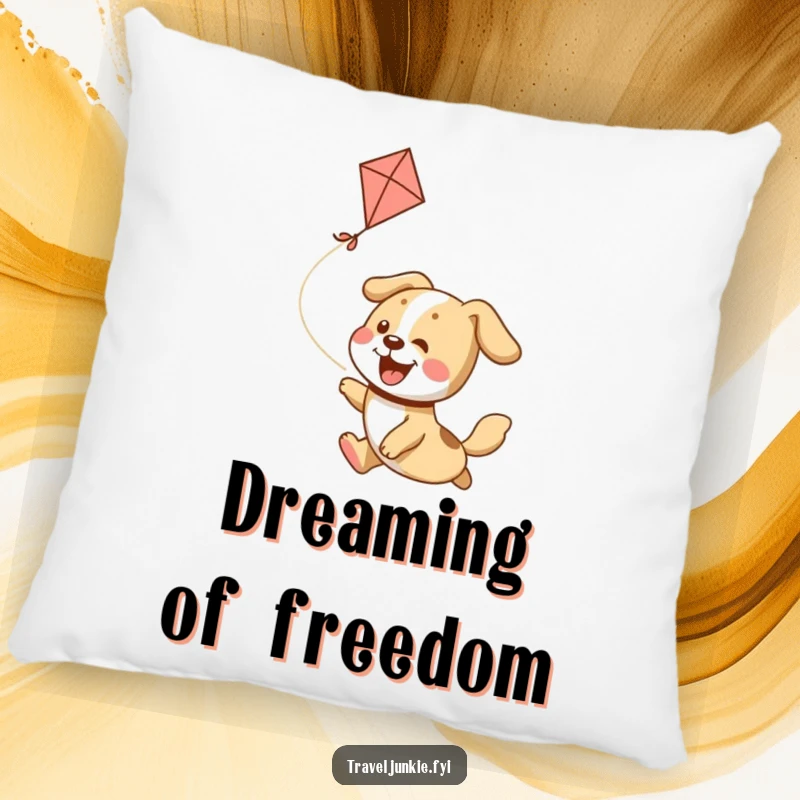 Funny Pillow: A snuggly, joyful dog character leaps enthusiastically, chasing a kite in a whimsical design.