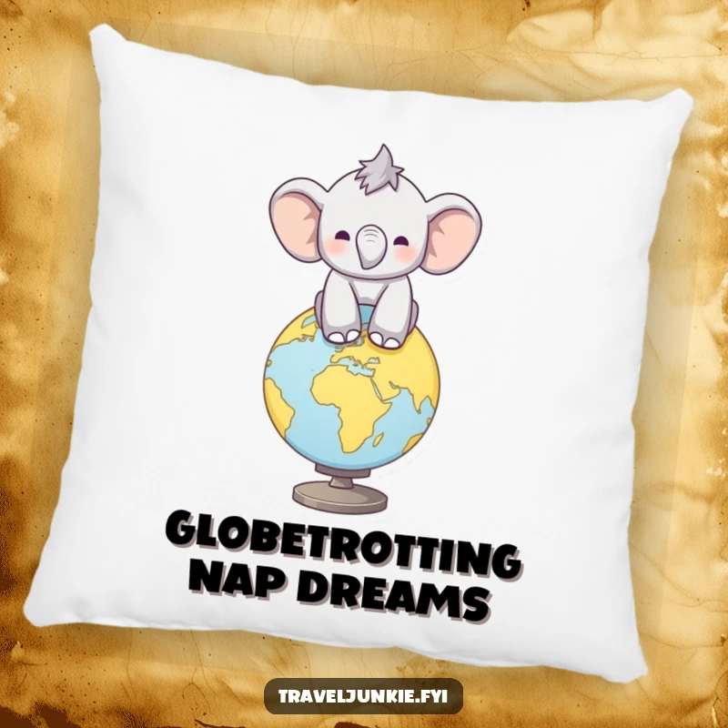 Funny Elephant World Pillow: Soft cushion with a calf balancing on a globe, bringing global humor and comfort, funny gift.