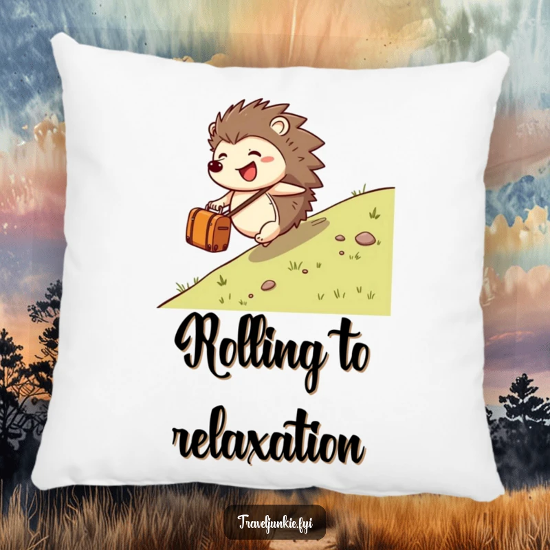 Funny, joyful hedgehog character rolling down a hill with a suitcase, printed on a soft pillow, ideal for adding cheer.