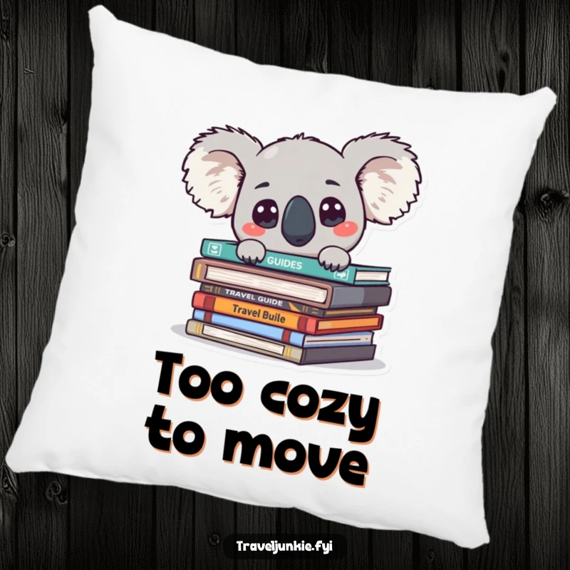 Funny koala peeking from travel guides with big eyes, depicted on a soft and decorative toss pillow.