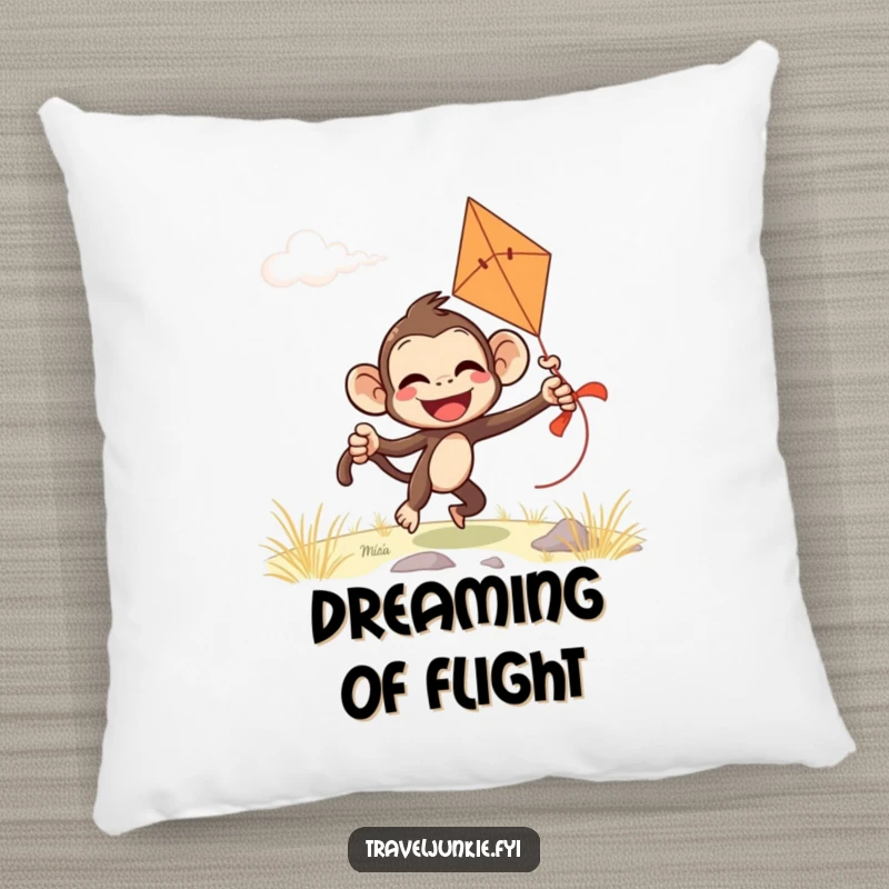 Funny monkey pillow featuring a giggling character comically attempting to fly a kite on a windy day, ideal for comfort.