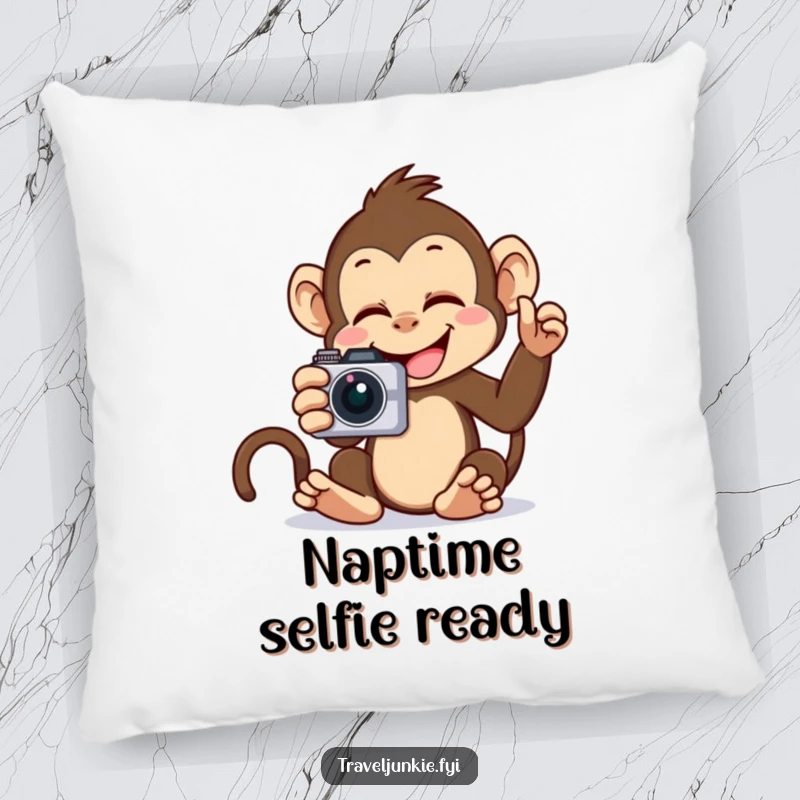 Funny Monkey Selfie Pillow: A plush pillow showcasing a giggling monkey taking a selfie, offering comfort and humor.