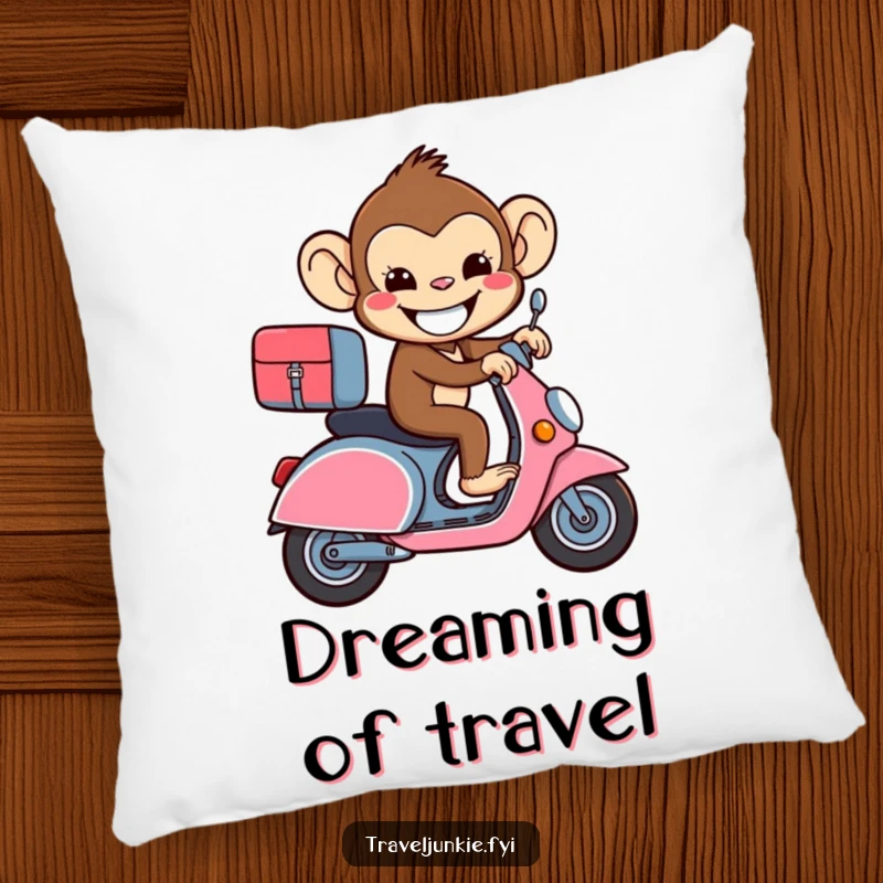 Funny beaming monkey riding a suitcase like a scooter on a soft pillow, adding humorous travel decor.