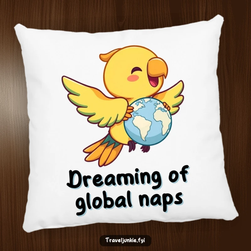Funny parrot pillow, soft comfortable cushion with a joyful bird flying with a miniature globe, a humorous gift.