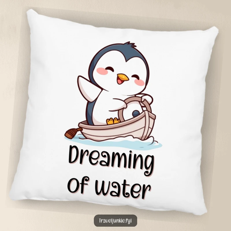 Funny pillow with a happy penguin character comically attempting to steer a tiny boat, offering nautical comfort.
