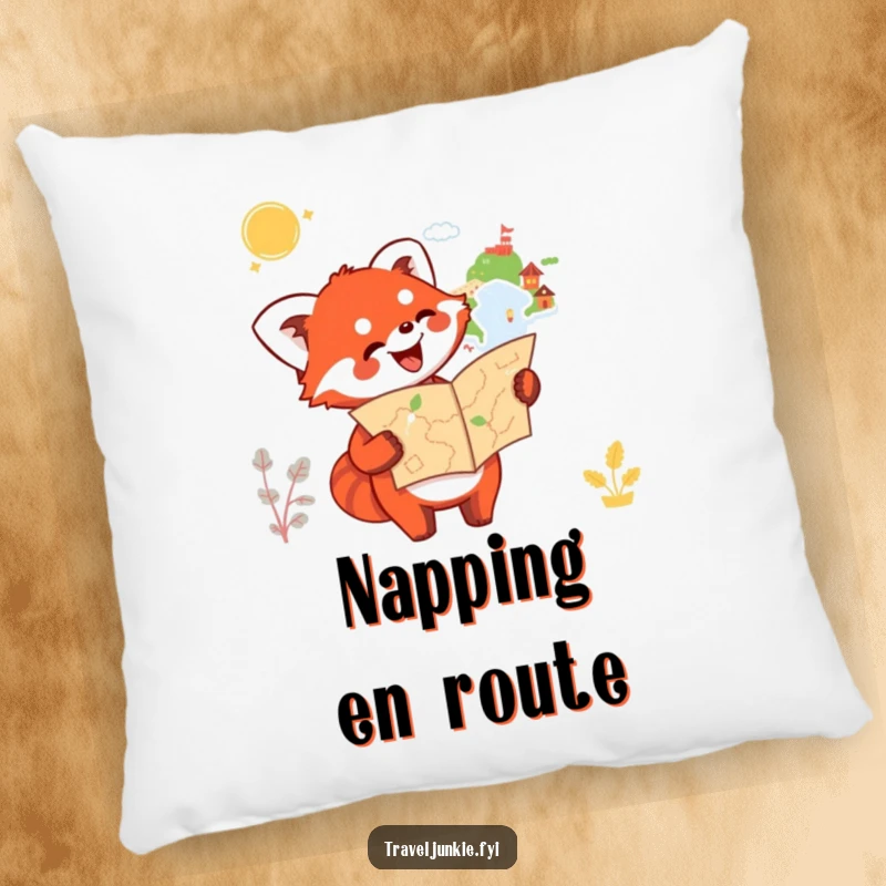 Funny Red Panda Pillow: A happy red panda holds a map and points enthusiastically towards an unknown destination, providing comfort.