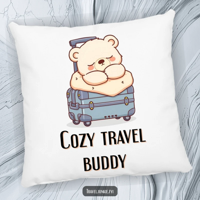 Funny sleepy bear cub snoozing, bundled up on a rolling suitcase, a cute and funny accent pillow for comfort.