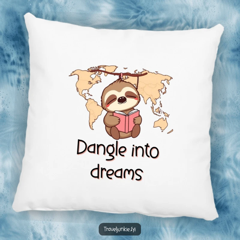 Funny sloth on a world map with a journal, depicted on a soft and humorous pillow, perfect for relaxation.
