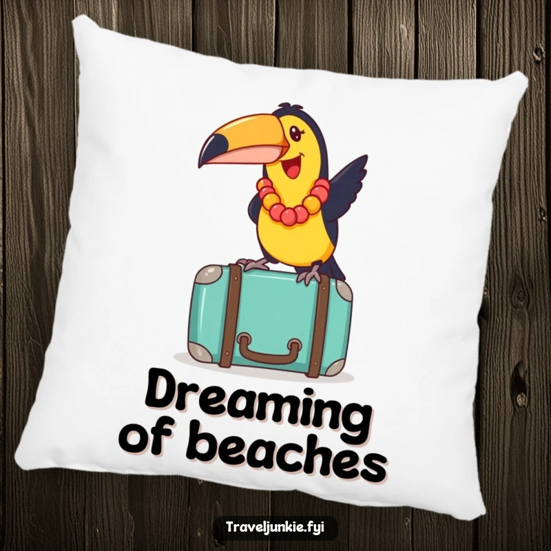 Funny toucan wearing a lei, joyfully balancing on a suitcase, a cute and humorous accent pillow for any couch.