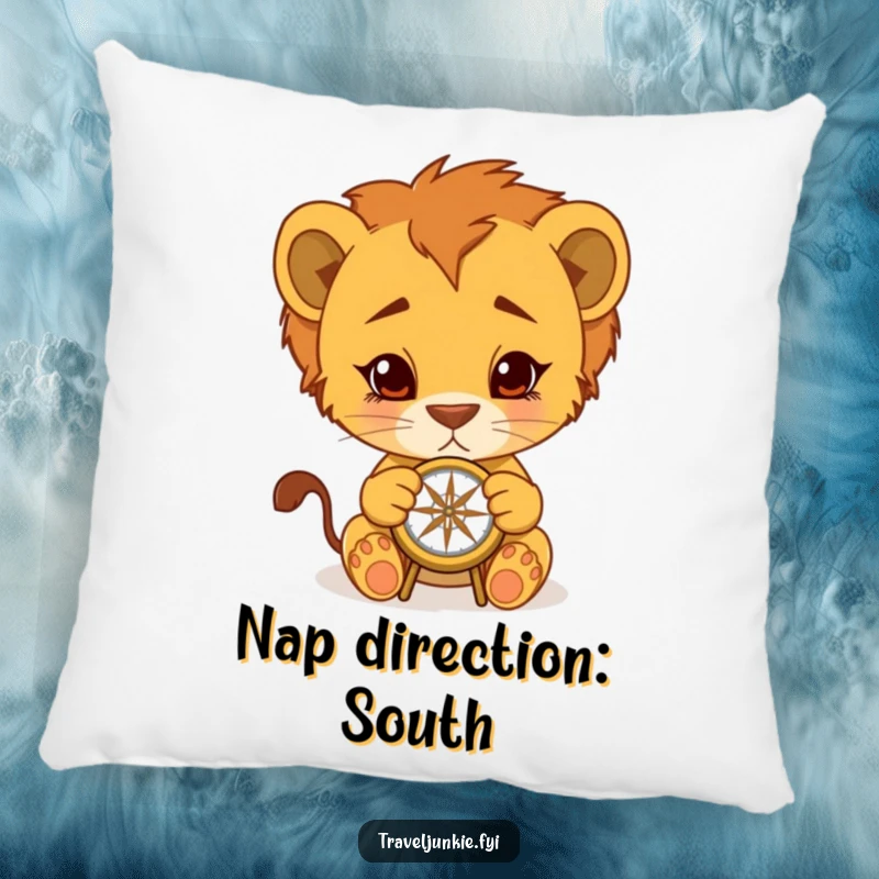 Funny Lion Cub Pillow: Soft cushion featuring a cub with a compass, bringing adventurous humor and comfort, perfect funny gift.